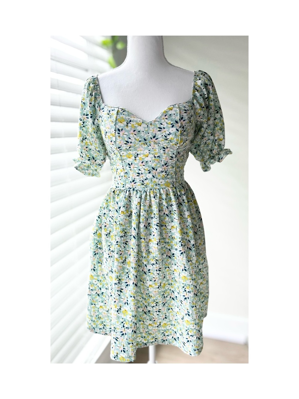 Floral Sweetheart Mini Dress in Light Blue and Yellow
